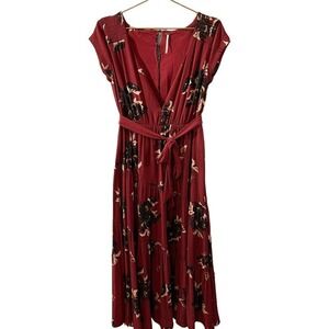 Free People Red Floral Midi Dress V-Neck Tiered Smocked Cap Sleeve Size 0